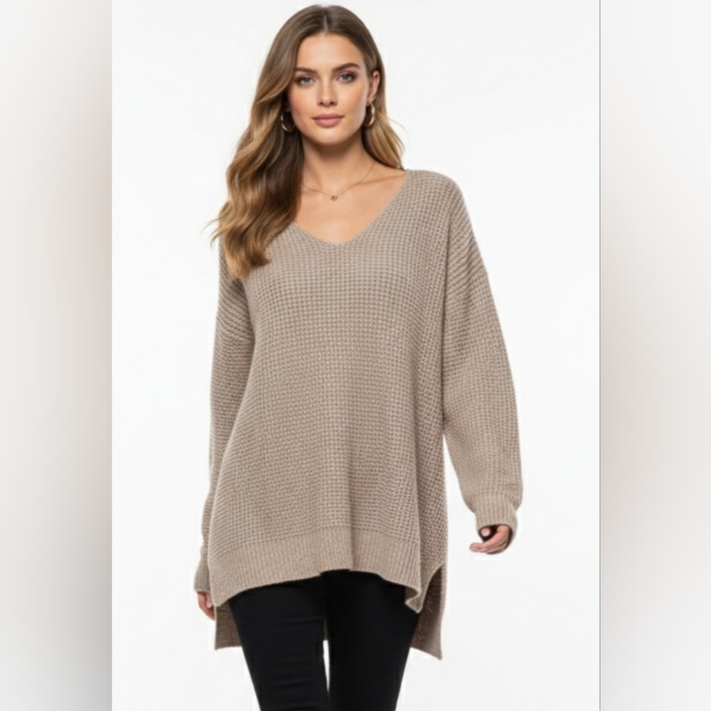 Kersh Merino Wool Blend V-Neck Waffle Knit Women's Sweater - Medium Long